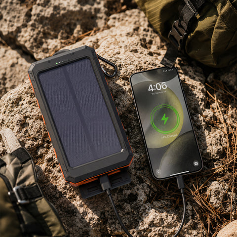 10K Fast Charge Solar Power Bank – 10,000mAh Weatherproof Portable Charger with 20W USB-C PD | Black & Orange