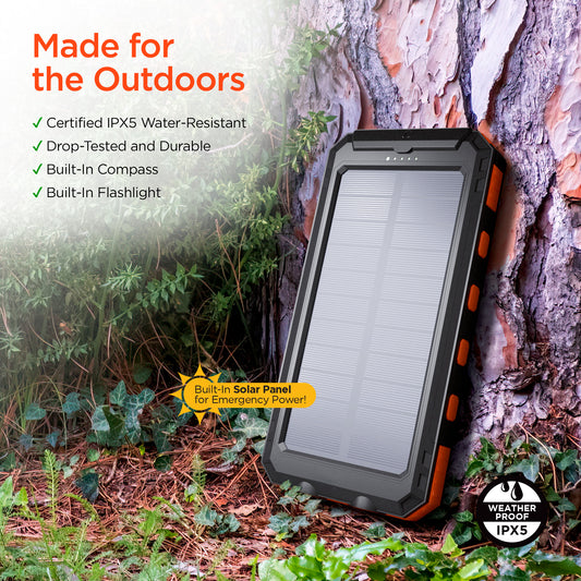 10K Fast Charge Solar Power Bank – 10,000mAh Weatherproof Portable Charger with 20W USB-C PD | Black & Orange