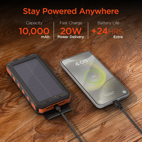 10K Fast Charge Solar Power Bank – 10,000mAh Weatherproof Portable Charger with 20W USB-C PD | Black & Orange