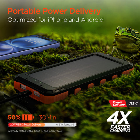 10K Fast Charge Solar Power Bank – 10,000mAh Weatherproof Portable Charger with 20W USB-C PD | Black & Orange