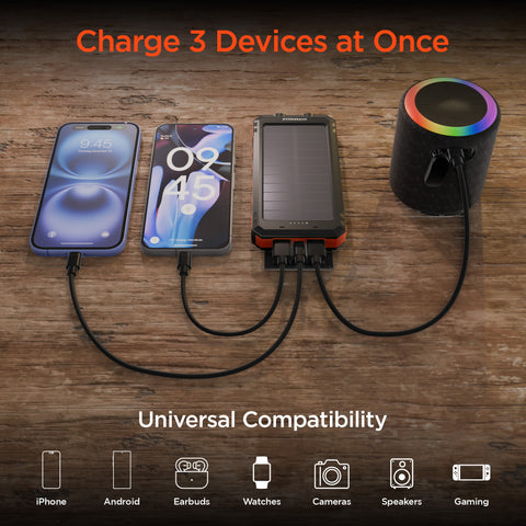 10K Fast Charge Solar Power Bank – 10,000mAh Weatherproof Portable Charger with 20W USB-C PD | Black & Orange