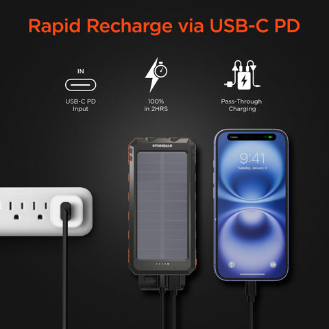 10K Fast Charge Solar Power Bank – 10,000mAh Weatherproof Portable Charger with 20W USB-C PD | Black & Orange
