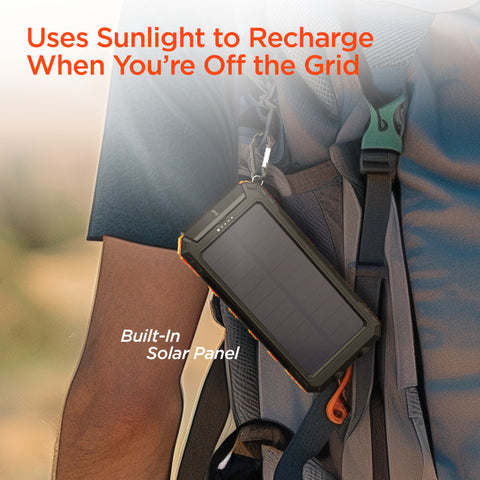10K Fast Charge Solar Power Bank – 10,000mAh Weatherproof Portable Charger with 20W USB-C PD | Black & Orange