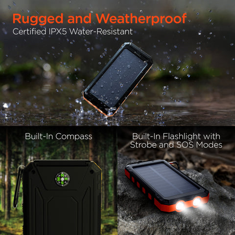 10K Fast Charge Solar Power Bank – 10,000mAh Weatherproof Portable Charger with 20W USB-C PD | Black & Orange