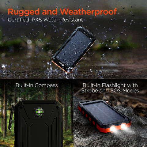 10K Fast Charge Solar Power Bank – 10,000mAh Weatherproof Portable Charger with 20W USB-C PD | Black & Orange