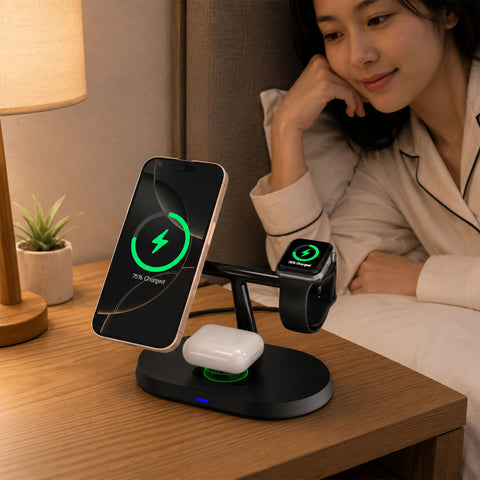 3-in-1 Wireless Charging Stand | Black MagSafe-Compatible Wireless Charging Station for iPhone, Apple Watch & AirPods