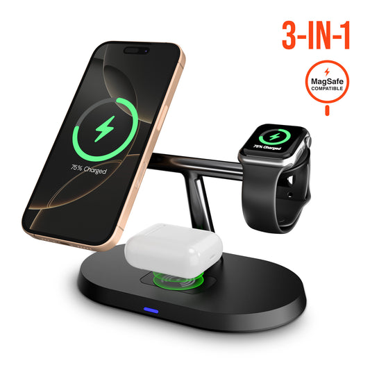 MaxCharge Pro 3-in-1 Wireless Charging Stand | Black MagSafe-Compatible Wireless Charging Station for iPhone, Apple Watch & AirPods