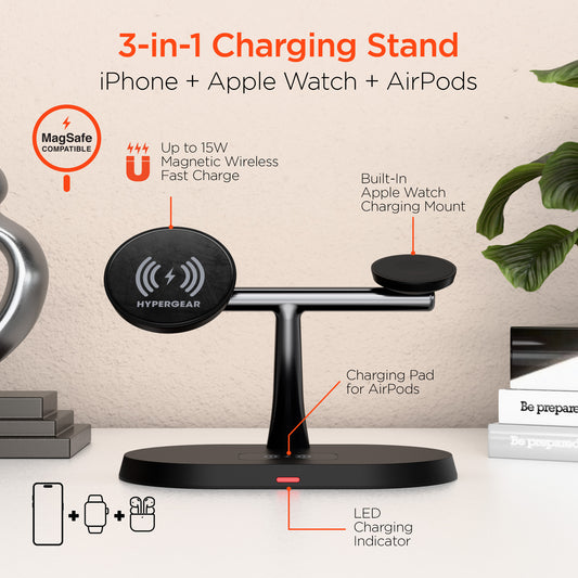 MaxCharge Pro 3-in-1 Wireless Charging Stand | Black MagSafe-Compatible Wireless Charging Station for iPhone, Apple Watch & AirPods