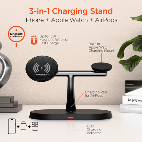 MaxCharge Pro 3-in-1 Wireless Charging Stand | Black MagSafe-Compatible Wireless Charging Station for iPhone, Apple Watch & AirPods