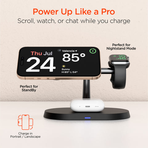 MaxCharge Pro 3-in-1 Wireless Charging Stand | Black MagSafe-Compatible Wireless Charging Station for iPhone, Apple Watch & AirPods