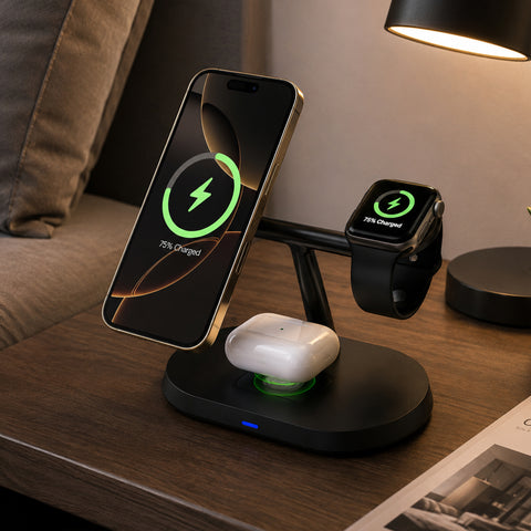 3-in-1 Wireless Charging Stand | Black MagSafe-Compatible Wireless Charging Station for iPhone, Apple Watch & AirPods
