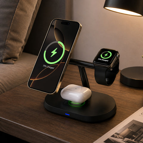 MaxCharge Pro 3-in-1 Wireless Charging Stand | Black MagSafe-Compatible Wireless Charging Station for iPhone, Apple Watch & AirPods