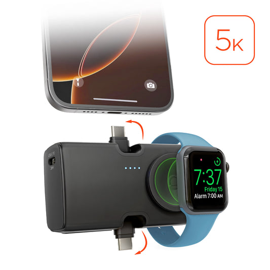 Power Pack Nano 5,000mAh Ultra-Mini Power Bank with Built-In Apple Watch Charger & Dual USB-C Connectors | Black