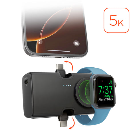 Power Pack Nano 5,000mAh Ultra-Mini Power Bank with Built-In Apple Watch Charger & Dual USB-C Connectors | Black