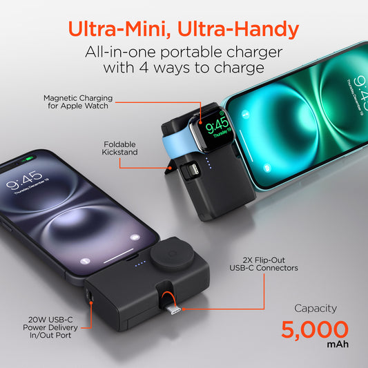 Power Pack Nano 5,000mAh Ultra-Mini Power Bank with Built-In Apple Watch Charger & Dual USB-C Connectors | Black