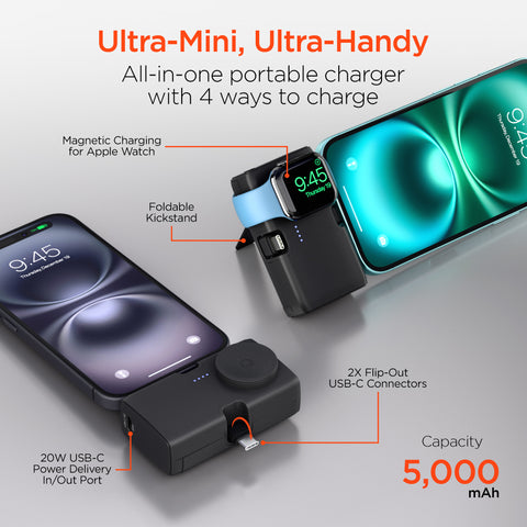 5,000mAh Ultra-Mini Power Bank with Built-In Apple Watch Charger & Dual USB-C Connectors | Black