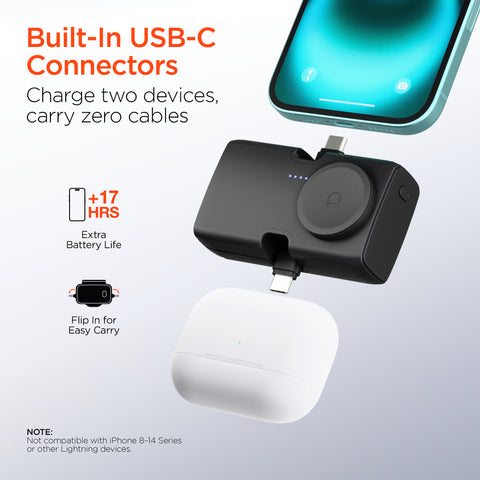 5,000mAh Ultra-Mini Power Bank with Built-In Apple Watch Charger & Dual USB-C Connectors | Black