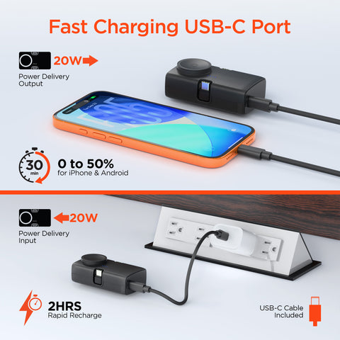 Power Pack Nano 5,000mAh Ultra-Mini Power Bank with Built-In Apple Watch Charger & Dual USB-C Connectors | Black