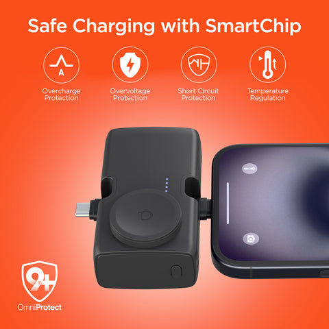 5,000mAh Ultra-Mini Power Bank with Built-In Apple Watch Charger & Dual USB-C Connectors | Black