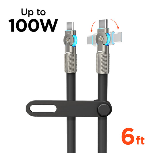 100W USB-C to USB-C Rugged Fast Charge Cable – 6ft Heavy-Duty Swivel Charging Cable | Black