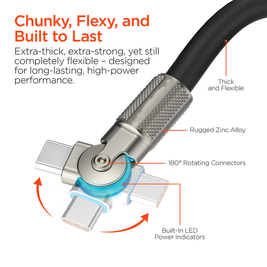 100W USB-C to USB-C Rugged Fast Charge Cable – 6ft Heavy-Duty Swivel Charging Cable | Black