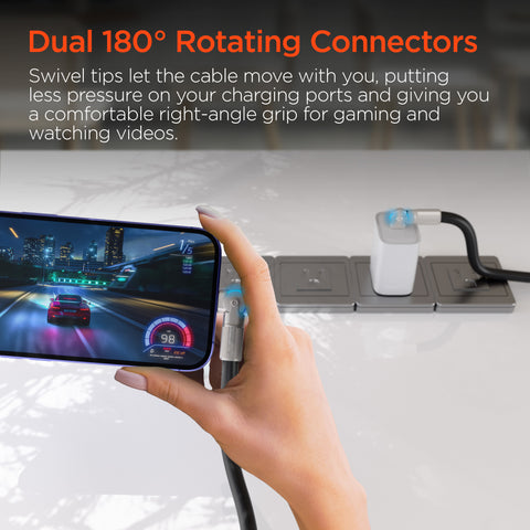 100W USB-C to USB-C Rugged Fast Charge Cable – 6ft Heavy-Duty Swivel Charging Cable | Black