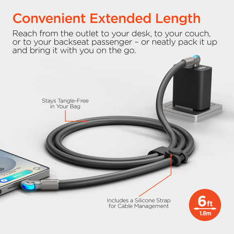 100W USB-C to USB-C Rugged Fast Charge Cable – 6ft Heavy-Duty Swivel Charging Cable | Black