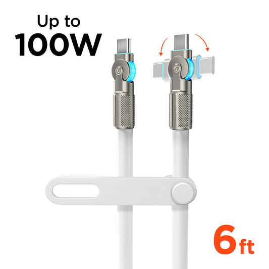 100W USB-C to USB-C Rugged Fast Charge Cable – 6ft Heavy-Duty Swivel Charging Cable | White
