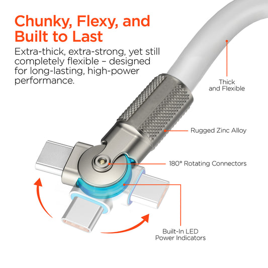 100W USB-C to USB-C Rugged Fast Charge Cable – 6ft Heavy-Duty Swivel Charging Cable | White