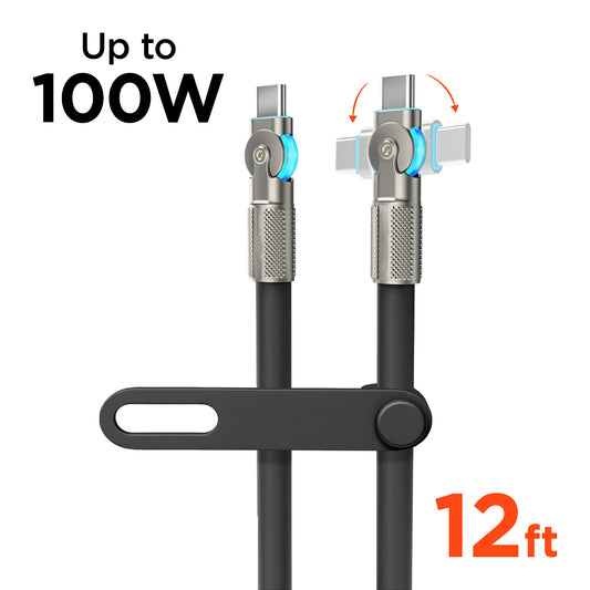 100W USB-C to USB-C Rugged Fast Charge Cable – 12ft Heavy-Duty Swivel Charging Cable | Black