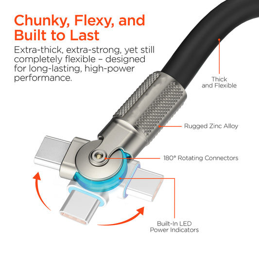 100W USB-C to USB-C Rugged Fast Charge Cable – 12ft Heavy-Duty Swivel Charging Cable | Black