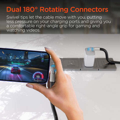 100W USB-C to USB-C Rugged Fast Charge Cable – 12ft Heavy-Duty Swivel Charging Cable | Black
