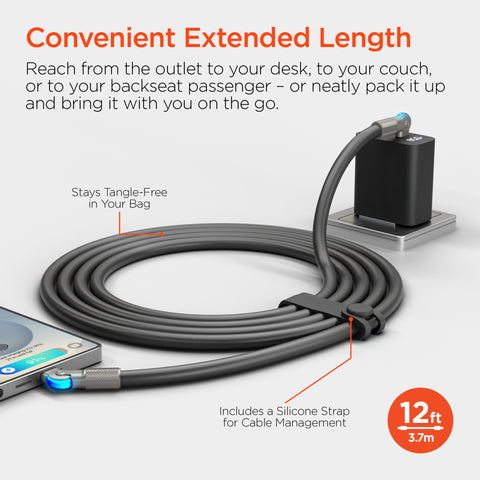100W USB-C to USB-C Rugged Fast Charge Cable – 12ft Heavy-Duty Swivel Charging Cable | Black