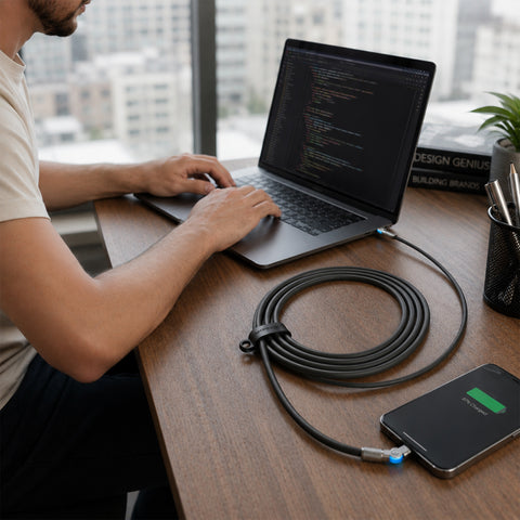 100W USB-C to USB-C Rugged Fast Charge Cable – 12ft Heavy-Duty Swivel Charging Cable | Black