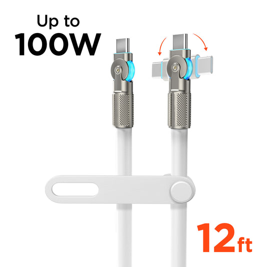 100W USB-C to USB-C Rugged Fast Charge Cable – 12ft Heavy-Duty Swivel Charging Cable | White