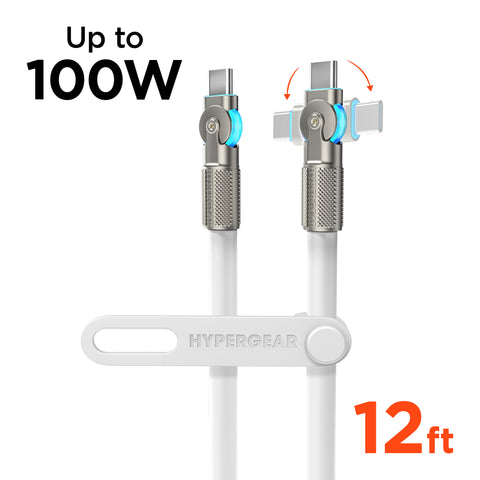 100W USB-C to USB-C Rugged Fast Charge Cable – 12ft Heavy-Duty Swivel Charging Cable | White