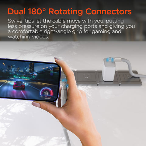 100W USB-C to USB-C Rugged Fast Charge Cable – 12ft Heavy-Duty Swivel Charging Cable | White