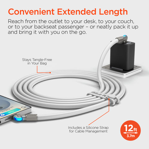 100W USB-C to USB-C Rugged Fast Charge Cable – 12ft Heavy-Duty Swivel Charging Cable | White