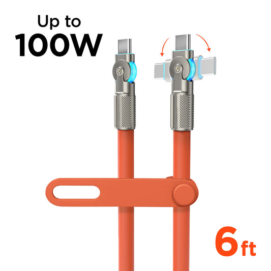 100W USB-C to USB-C Rugged Fast Charge Cable – 6ft Heavy-Duty Swivel Charging Cable | Orange