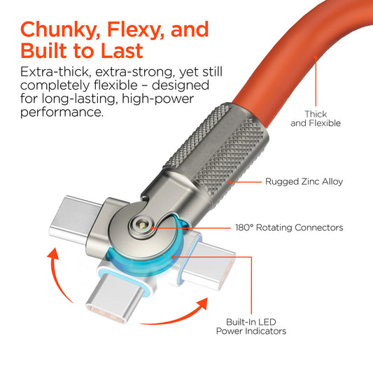 100W USB-C to USB-C Rugged Fast Charge Cable – 6ft Heavy-Duty Swivel Charging Cable | Orange