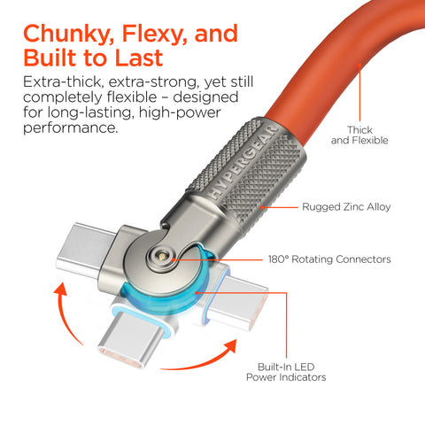 100W USB-C to USB-C Rugged Fast Charge Cable – 6ft Heavy-Duty Swivel Charging Cable | Orange