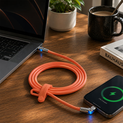 100W USB-C to USB-C Rugged Fast Charge Cable – 6ft Heavy-Duty Swivel Charging Cable | Orange