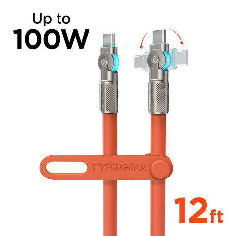 100W USB-C to USB-C Rugged Fast Charge Cable – 12ft Extra-Long Heavy-Duty Swivel Charging Cable | Orange