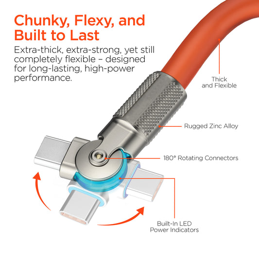 100W USB-C to USB-C Rugged Fast Charge Cable – 12ft Extra-Long Heavy-Duty Swivel Charging Cable | Orange