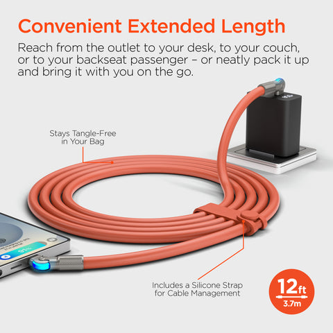 100W USB-C to USB-C Rugged Fast Charge Cable – 12ft Extra-Long Heavy-Duty Swivel Charging Cable | Orange