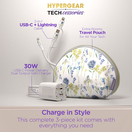 30W USB-C PD Charging Kit – Floral Fast Charger Bundle with 6ft 2-in-1 Cable & Travel Pouch