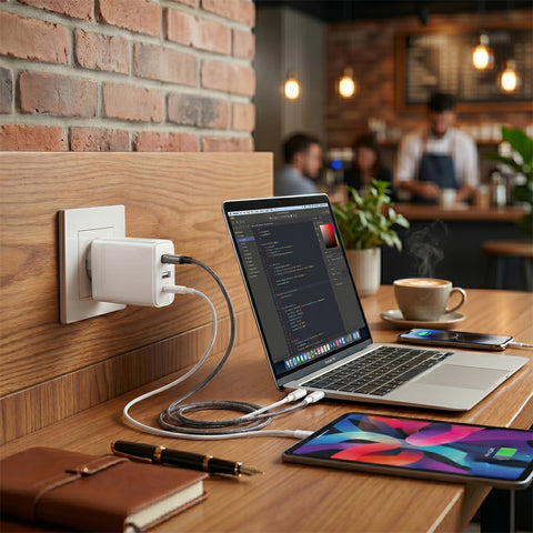 45W Tri-Port GaN Fast Wall Charger with 6ft USB-C Cable – Dual USB-C PD/PPS Charger for Phones, Tablets & Laptops | White