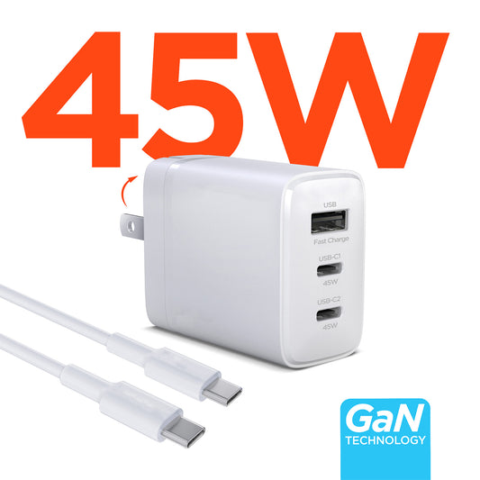 45W Tri-Port GaN Fast Wall Charger with 6ft USB-C Cable – Dual USB-C PD/PPS Charger for Phones, Tablets & Laptops | White
