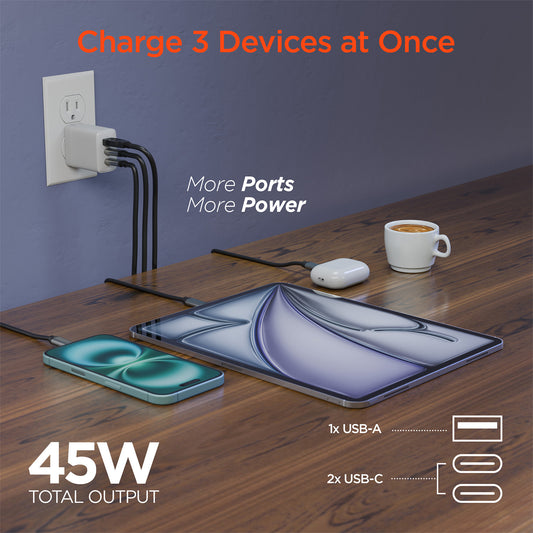 45W Tri-Port GaN Fast Wall Charger with 6ft USB-C Cable – Dual USB-C PD/PPS Charger for Phones, Tablets & Laptops | White