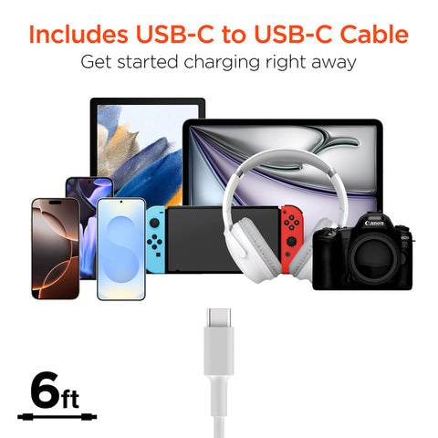 45W Tri-Port GaN Fast Wall Charger with 6ft USB-C Cable – Dual USB-C PD/PPS Charger for Phones, Tablets & Laptops | White